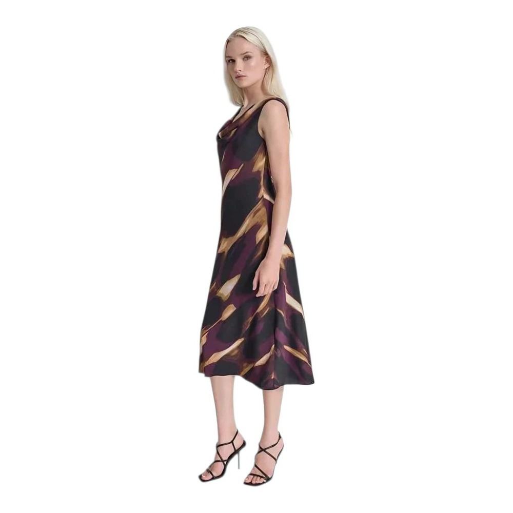 DKNY Women Dress Abstract Print Sleeveless Cowlneck Midi Plum Black Brown 16